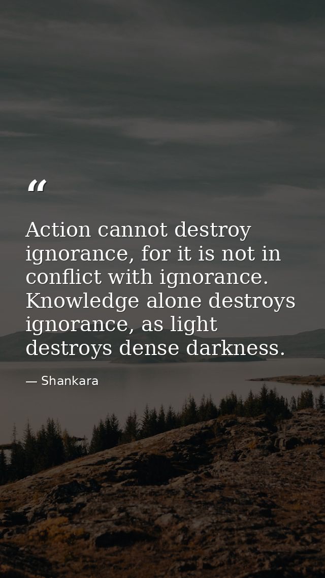Action cannot destroy ignorance, for it is not in conflict with ignorance. Knowledge alone destroys ignorance, as light  — Shankara