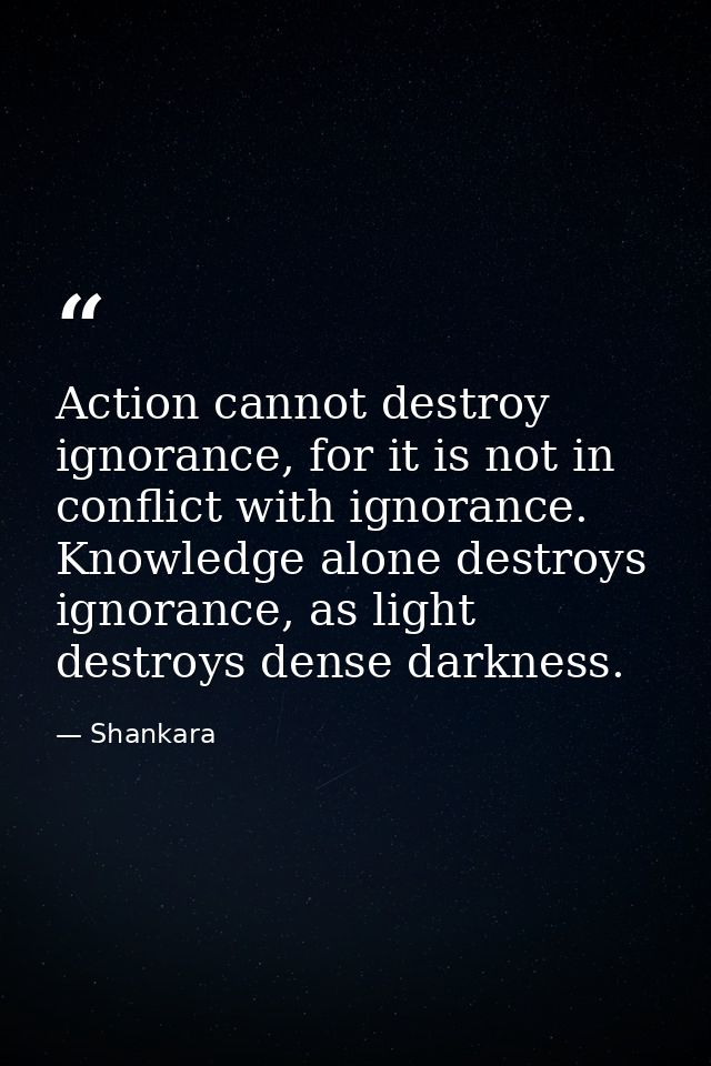 Action cannot destroy ignorance, for it is not in conflict with ignorance. Knowledge alone destroys ignorance, as light  — Shankara