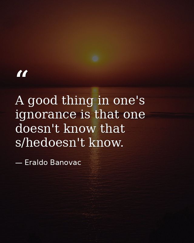 A good thing in one's ignorance is that one doesn't know that s/hedoesn't know. — Eraldo Banovac