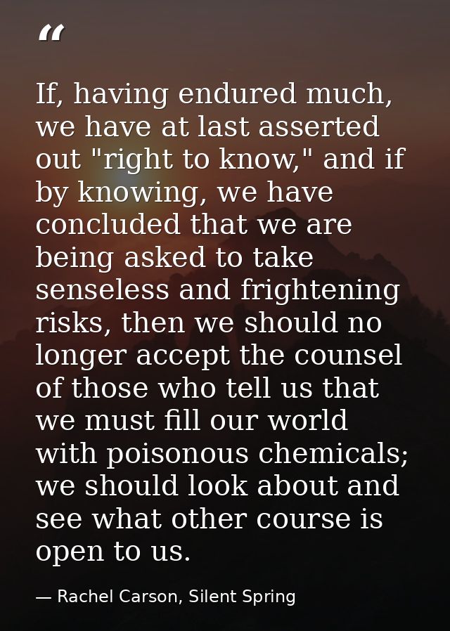If, having endured much, we have at last asserted out "right to know," and if by knowing, we have concluded that we are  — Rachel Carson, Silent Spring