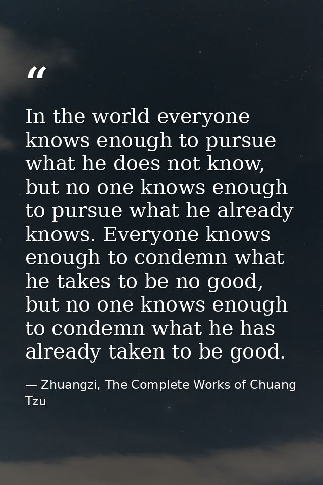 In the world everyone knows enough to pursue what he does not know, but no one knows enough to pursue what he already kn — Zhuangzi, The Complete Works of Chuang Tzu