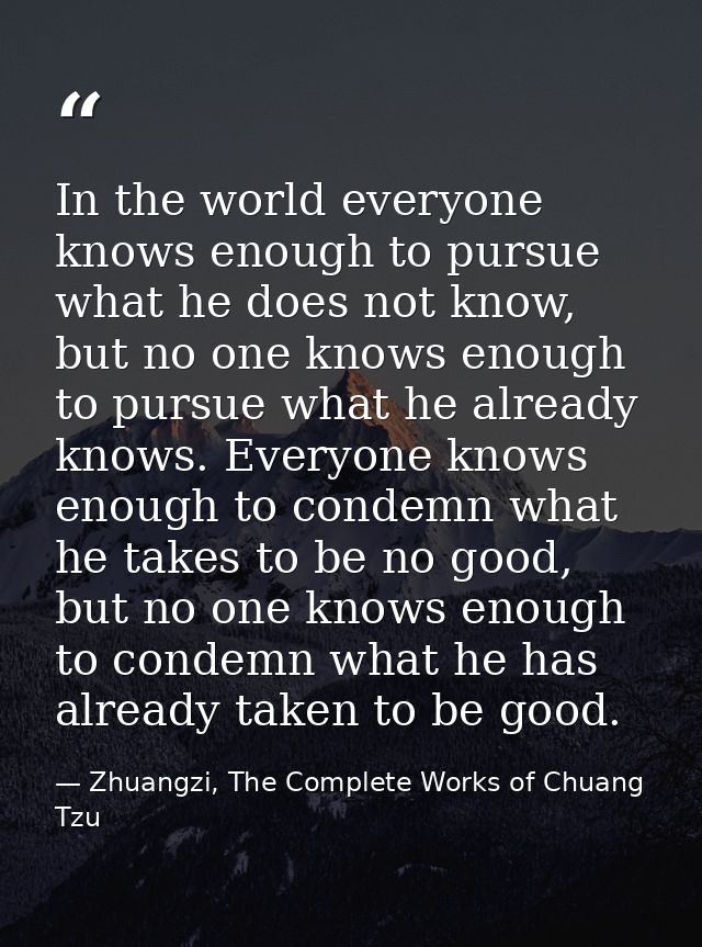 In the world everyone knows enough to pursue what he does not know, but no one knows enough to pursue what he already kn — Zhuangzi, The Complete Works of Chuang Tzu