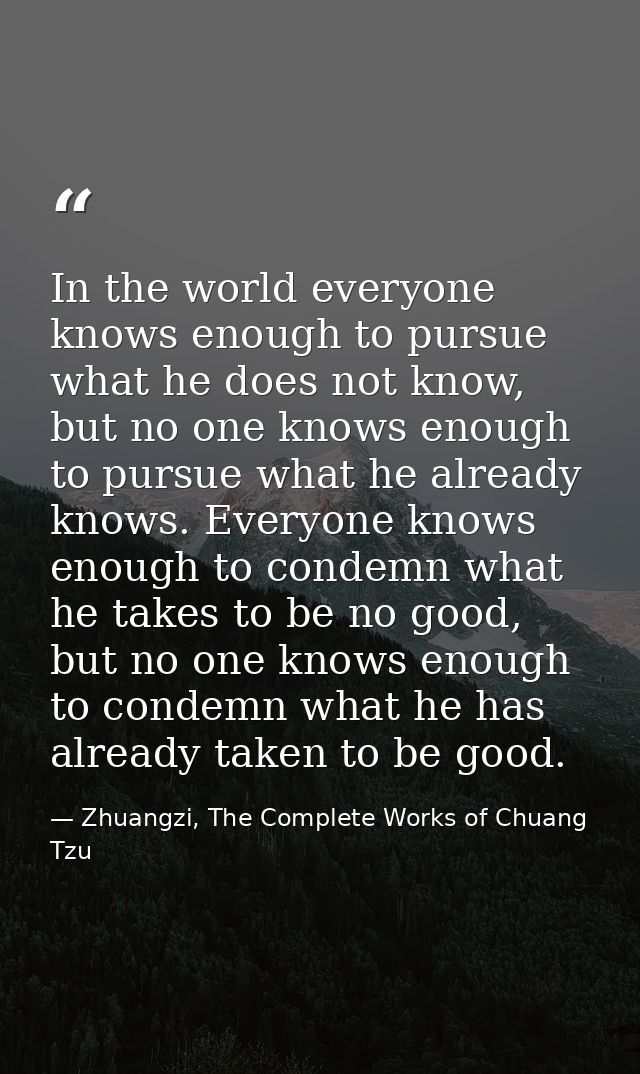 In the world everyone knows enough to pursue what he does not know, but no one knows enough to pursue what he already kn — Zhuangzi, The Complete Works of Chuang Tzu