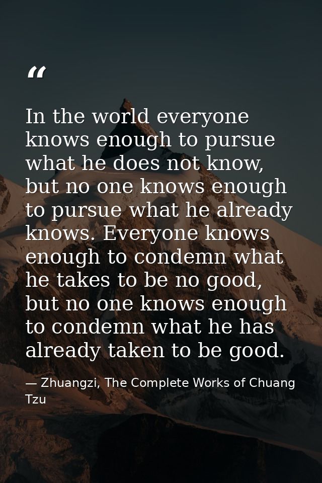 In the world everyone knows enough to pursue what he does not know, but no one knows enough to pursue what he already kn — Zhuangzi, The Complete Works of Chuang Tzu