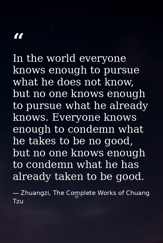 In the world everyone knows enough to pursue what he does not know, but no one knows enough to pursue what he already kn — Zhuangzi, The Complete Works of Chuang Tzu