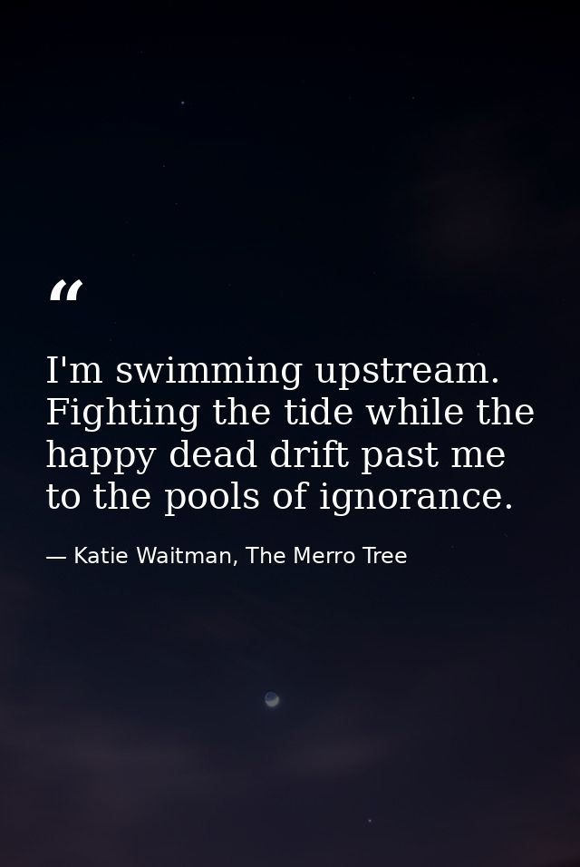 I'm swimming upstream. Fighting the tide while the happy dead drift past me to the pools of ignorance. — Katie Waitman, The Merro Tree
