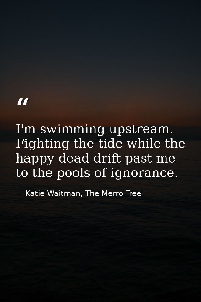 I'm swimming upstream. Fighting the tide while the happy dead drift past me to the pools of ignorance. — Katie Waitman, The Merro Tree