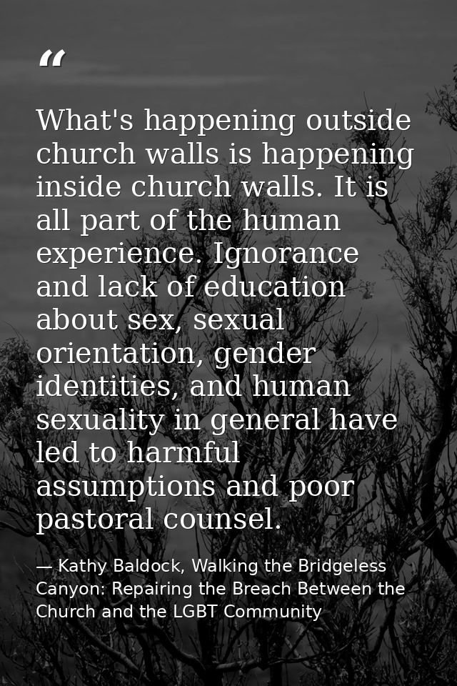 What's happening outside church walls is happening inside church walls. It is all part of the human experience. Ignoranc — Kathy Baldock, Walking the Bridgeless Canyon: Repairing the Breach Between the Church and the LGBT Community