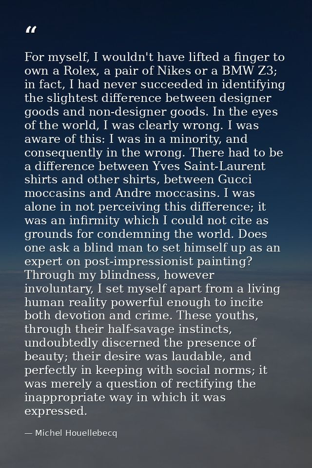 For myself, I wouldn't have lifted a finger to own a Rolex, a pair of Nikes or a BMW Z3; in fact, I had never succeeded  — Michel Houellebecq