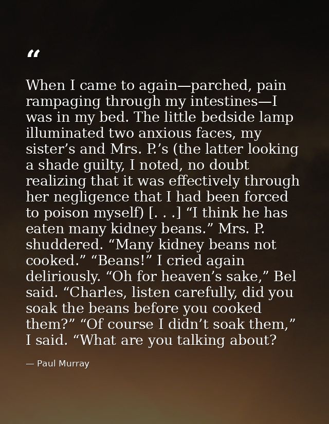 When I came to again—parched, pain rampaging through my intestines—I was in my bed. The little bedside lamp illuminated  — Paul Murray