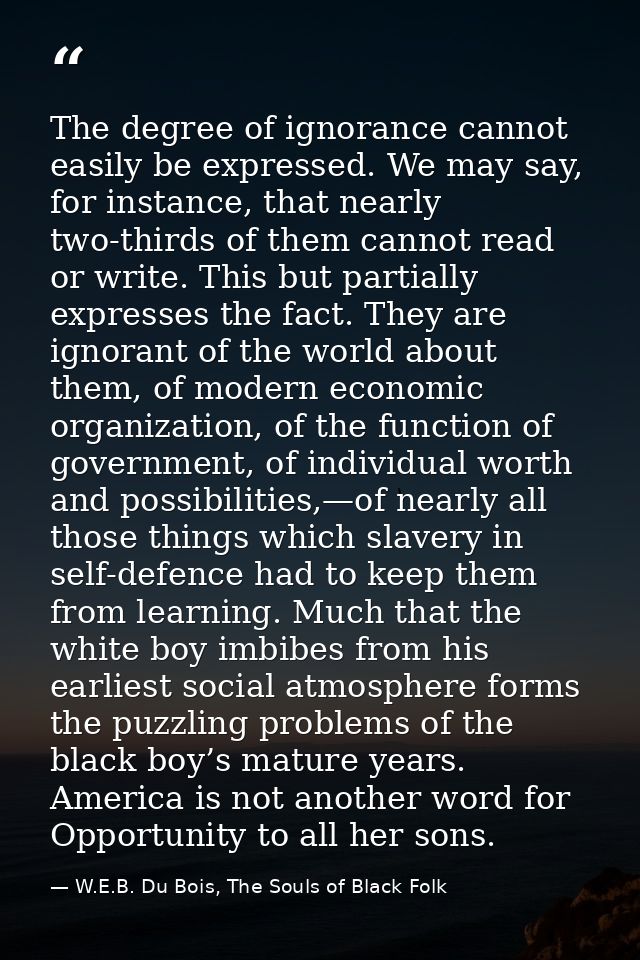 The degree of ignorance cannot easily be expressed. We may say, for instance, that nearly two-thirds of them cannot read — W.E.B. Du Bois, The Souls of Black Folk