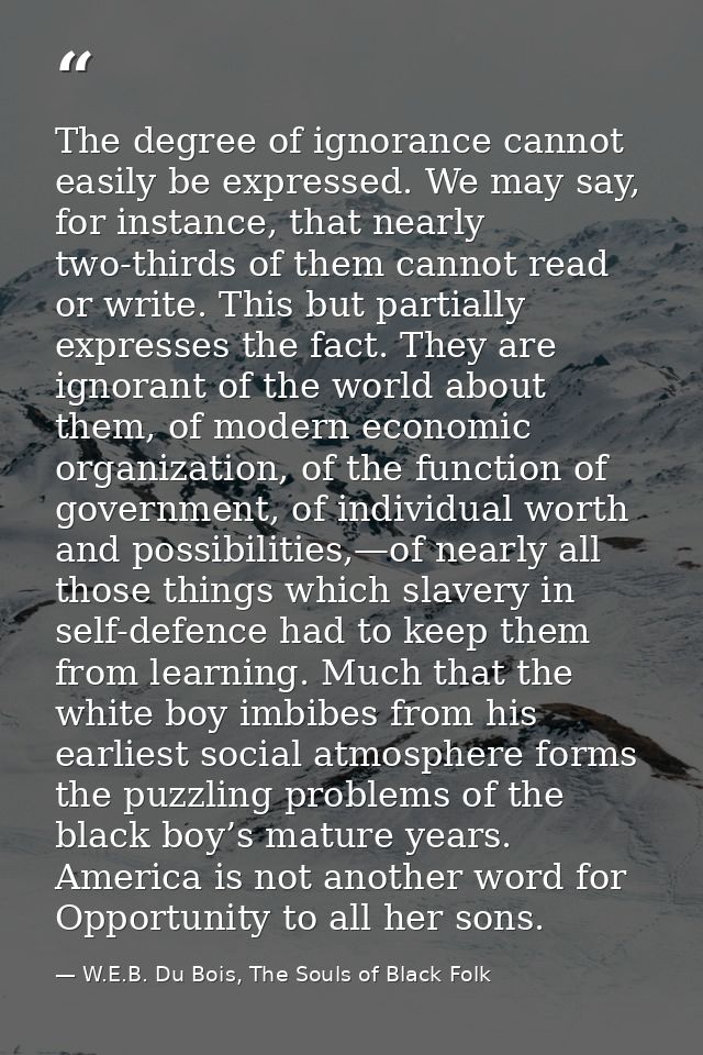 The degree of ignorance cannot easily be expressed. We may say, for instance, that nearly two-thirds of them cannot read — W.E.B. Du Bois, The Souls of Black Folk