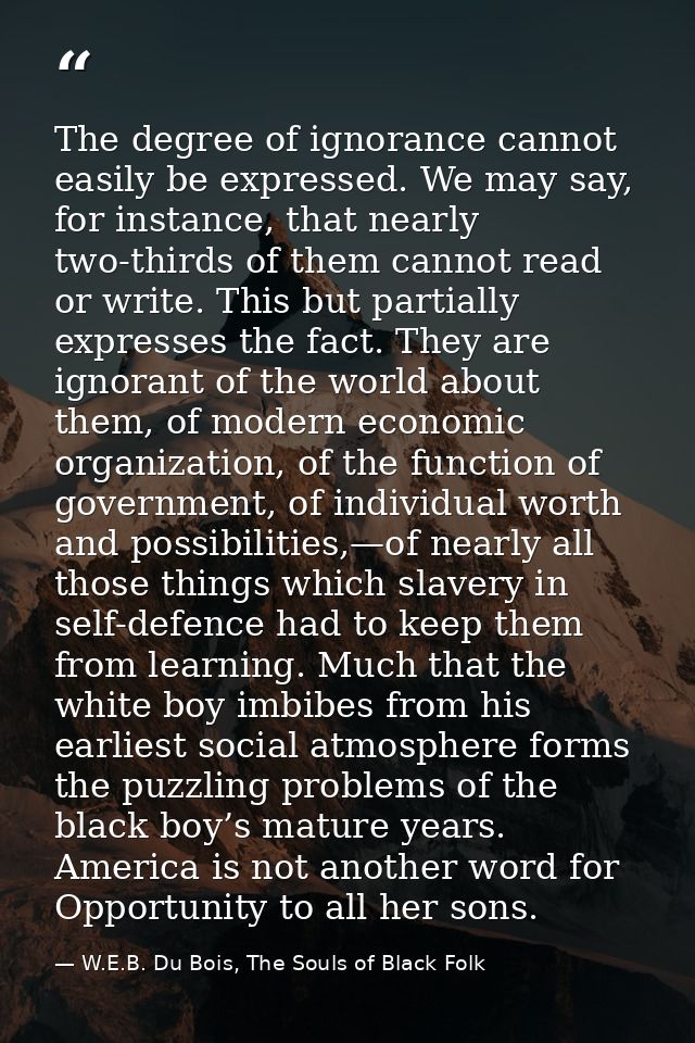 The degree of ignorance cannot easily be expressed. We may say, for instance, that nearly two-thirds of them cannot read — W.E.B. Du Bois, The Souls of Black Folk