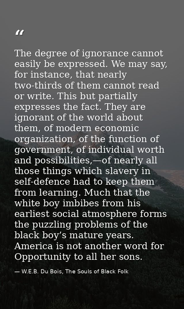 The degree of ignorance cannot easily be expressed. We may say, for instance, that nearly two-thirds of them cannot read — W.E.B. Du Bois, The Souls of Black Folk