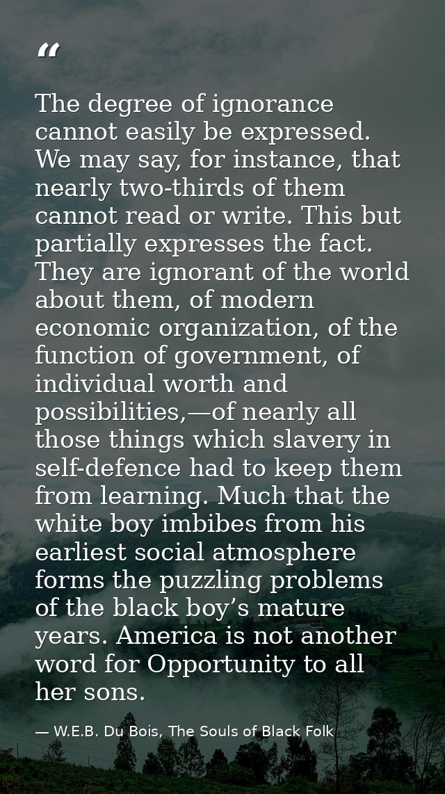 The degree of ignorance cannot easily be expressed. We may say, for instance, that nearly two-thirds of them cannot read — W.E.B. Du Bois, The Souls of Black Folk