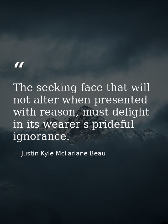 The seeking face that will not alter when presented with reason, must delight in its wearer's prideful ignorance. — Justin Kyle McFarlane Beau