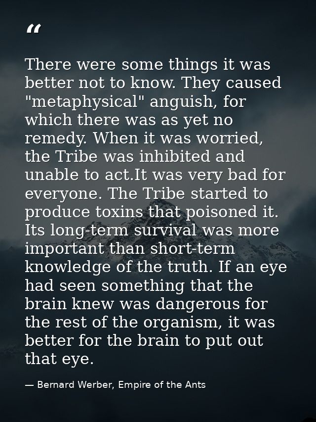 There were some things it was better not to know. They caused "metaphysical" anguish, for which there was as yet no reme — Bernard Werber, Empire of the Ants