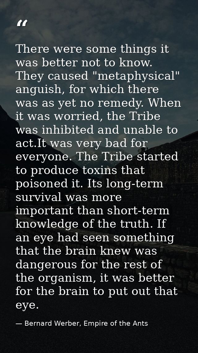 There were some things it was better not to know. They caused "metaphysical" anguish, for which there was as yet no reme — Bernard Werber, Empire of the Ants