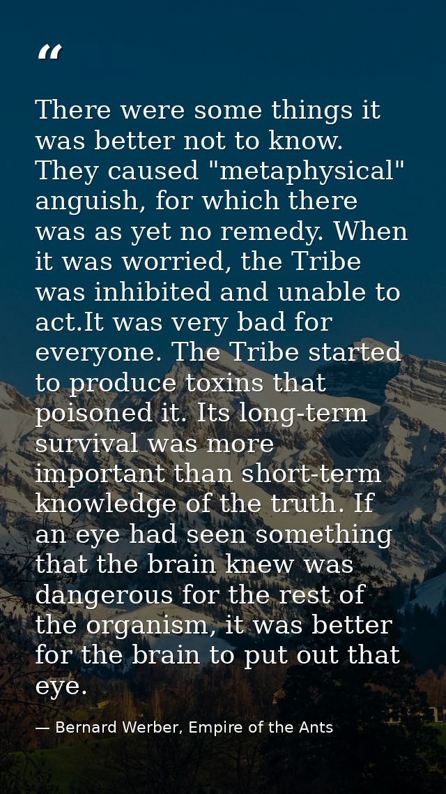 There were some things it was better not to know. They caused "metaphysical" anguish, for which there was as yet no reme — Bernard Werber, Empire of the Ants