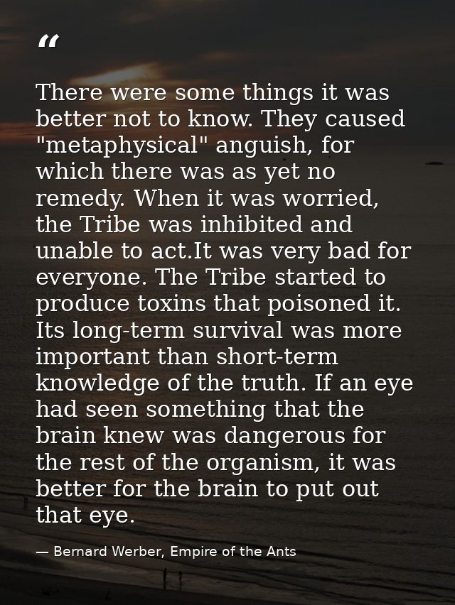 There were some things it was better not to know. They caused "metaphysical" anguish, for which there was as yet no reme — Bernard Werber, Empire of the Ants