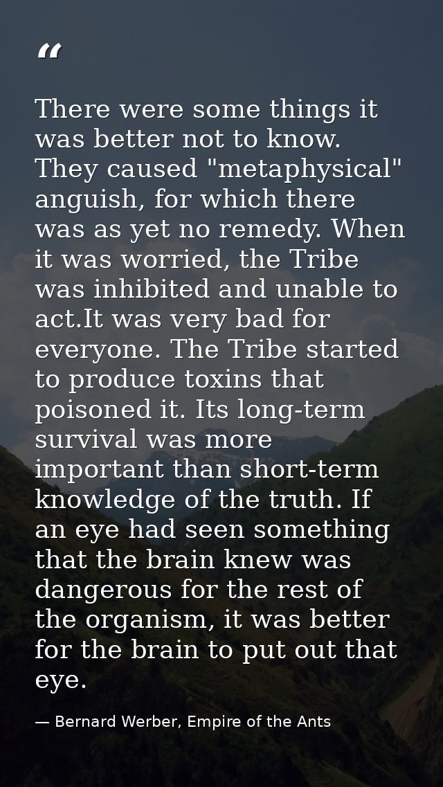 There were some things it was better not to know. They caused "metaphysical" anguish, for which there was as yet no reme — Bernard Werber, Empire of the Ants