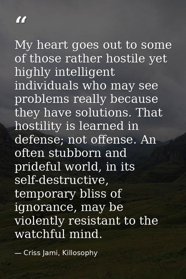 My heart goes out to some of those rather hostile yet highly intelligent individuals who may see problems really because — Criss Jami, Killosophy