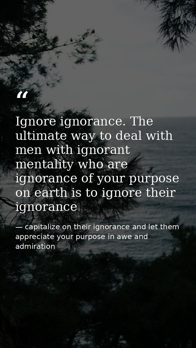 Ignore ignorance. The ultimate way to deal with men with ignorant mentality who are ignorance of your purpose on earth i — capitalize on their ignorance and let them appreciate your purpose in awe and admiration