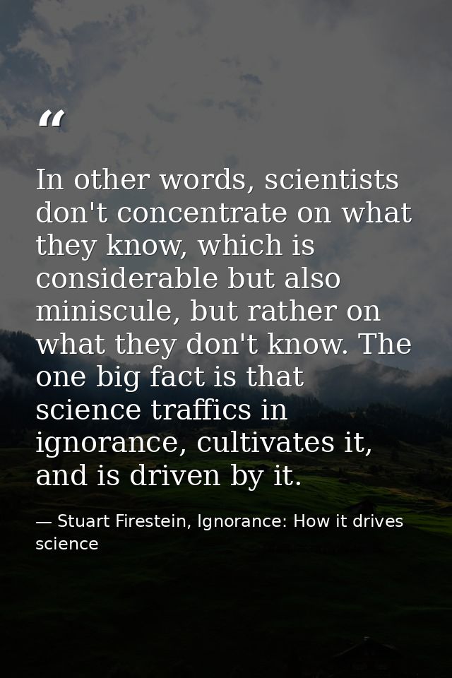 In other words, scientists don't concentrate on what they know, which is considerable but also miniscule, but rather on  — Stuart Firestein, Ignorance: How it drives science