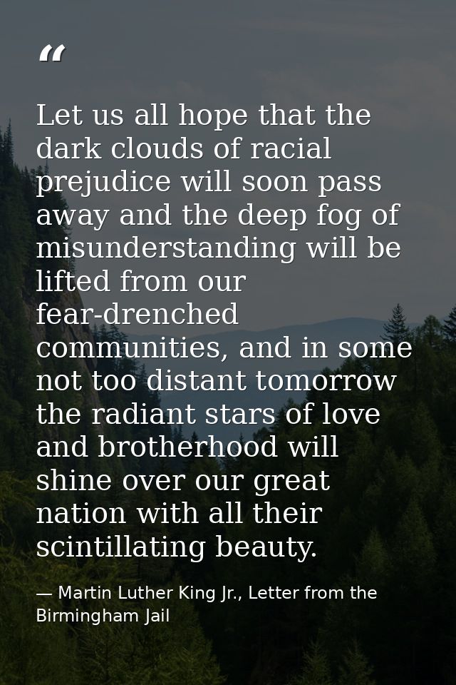 Let us all hope that the dark clouds of racial prejudice will soon pass away and the deep fog of misunderstanding will b — Martin Luther King Jr., Letter from the Birmingham Jail