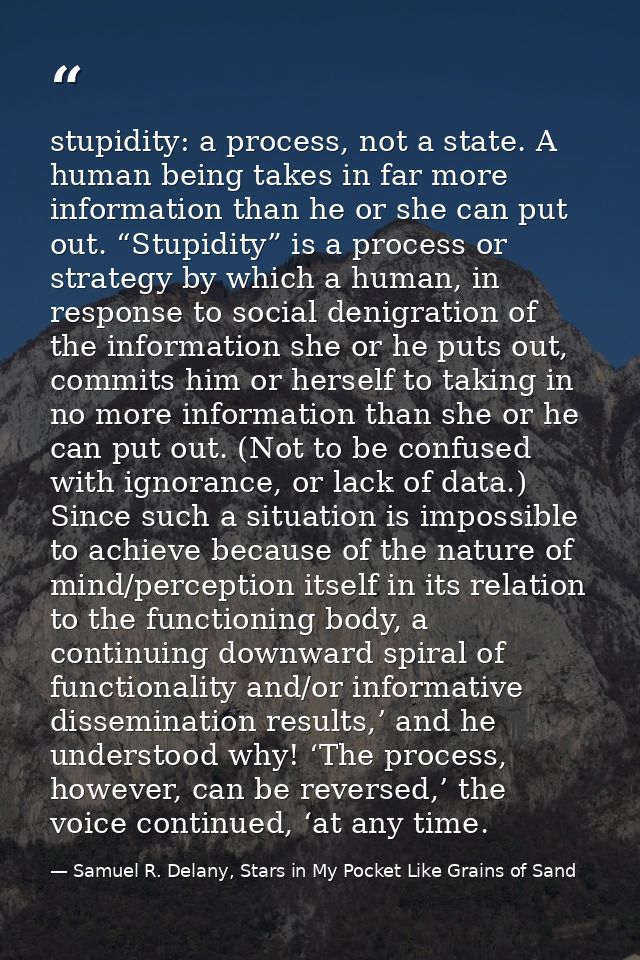 stupidity: a process, not a state. A human being takes in far more information than he or she can put out. “Stupidity” i — Samuel R. Delany, Stars in My Pocket Like Grains of Sand