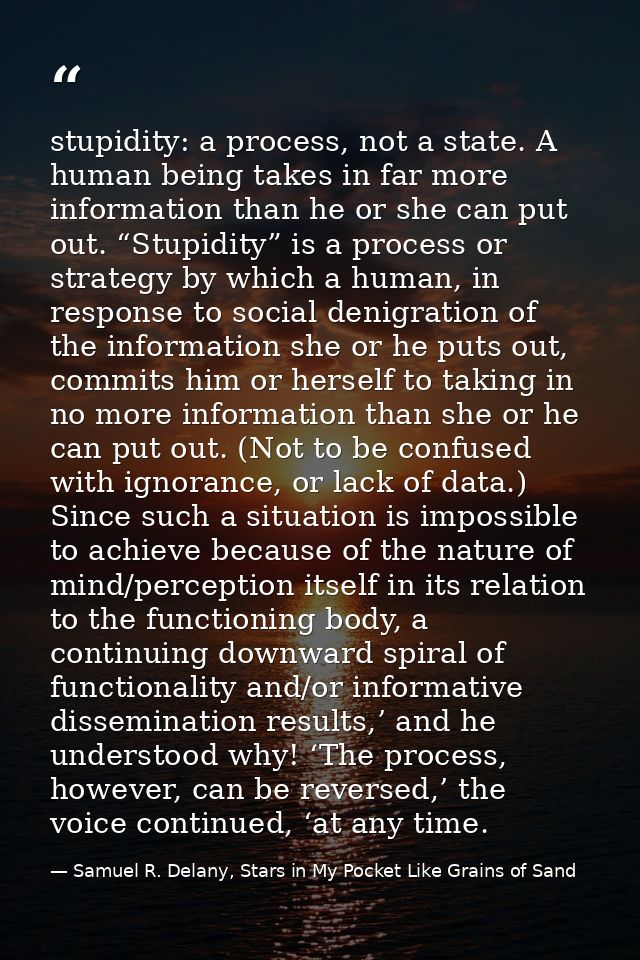 stupidity: a process, not a state. A human being takes in far more information than he or she can put out. “Stupidity” i — Samuel R. Delany, Stars in My Pocket Like Grains of Sand