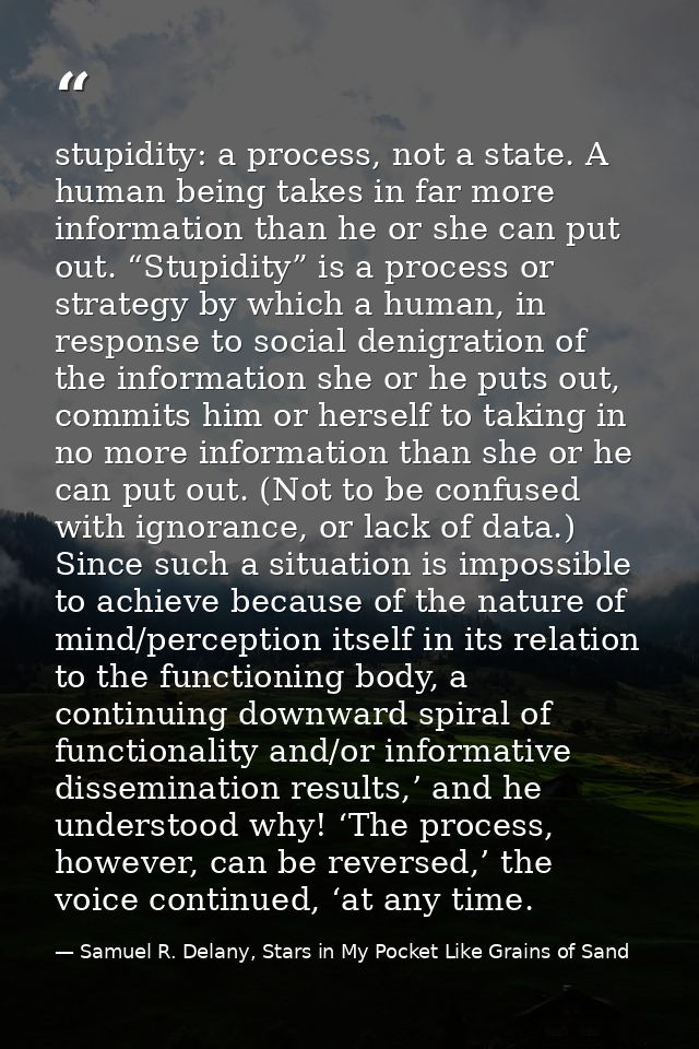 stupidity: a process, not a state. A human being takes in far more information than he or she can put out. “Stupidity” i — Samuel R. Delany, Stars in My Pocket Like Grains of Sand