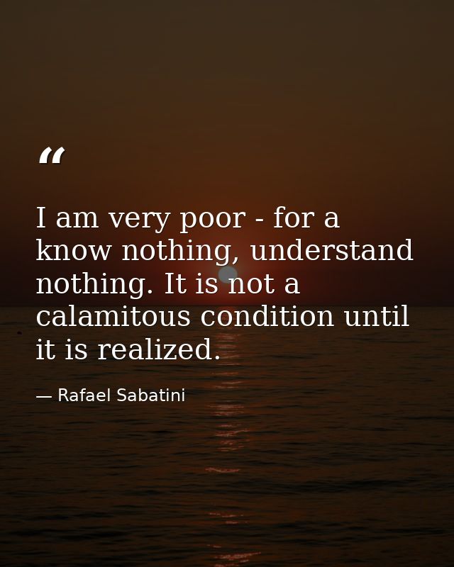 I am very poor - for a know nothing, understand nothing. It is not a calamitous condition until it is realized. — Rafael Sabatini