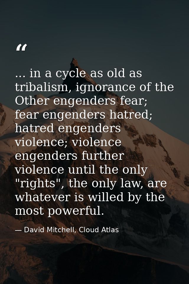 ... in a cycle as old as tribalism, ignorance of the Other engenders fear; fear engenders hatred; hatred engenders viole — David Mitchell, Cloud Atlas