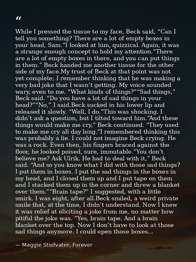 While I pressed the tissue to my face, Beck said, “Can I tell you something? There are a lot of empty boxes in your head — Maggie Stiefvater, Forever