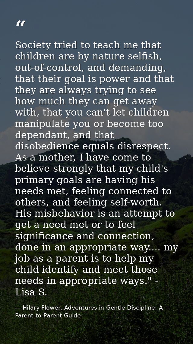 Society tried to teach me that children are by nature selfish, out-of-control, and demanding, that their goal is power a — Hilary Flower, Adventures in Gentle Discipline: A Parent-to-Parent Guide