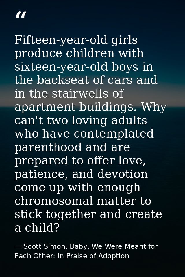 Fifteen-year-old girls produce children with sixteen-year-old boys in the backseat of cars and in the stairwells of apar — Scott Simon, Baby, We Were Meant for Each Other: In Praise of Adoption