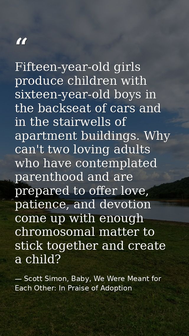 Fifteen-year-old girls produce children with sixteen-year-old boys in the backseat of cars and in the stairwells of apar — Scott Simon, Baby, We Were Meant for Each Other: In Praise of Adoption