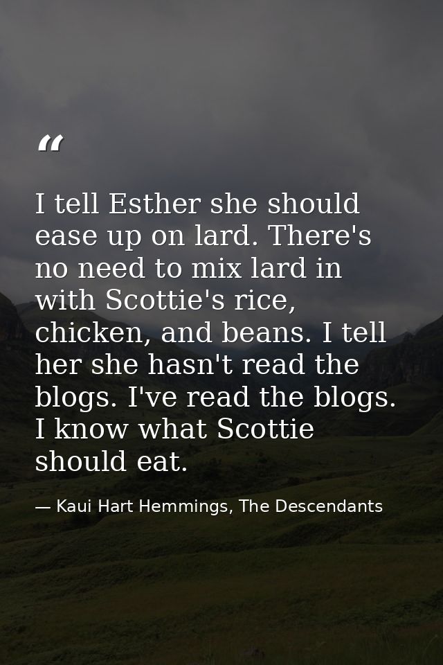 I tell Esther she should ease up on lard. There's no need to mix lard in with Scottie's rice, chicken, and beans. I tell — Kaui Hart Hemmings, The Descendants