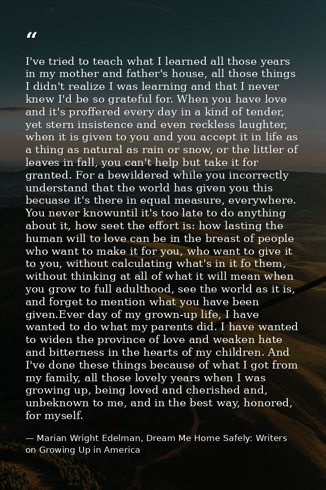 I've tried to teach what I learned all those years in my mother and father's house, all those things I didn't realize I  — Marian Wright Edelman, Dream Me Home Safely: Writers on Growing Up in America