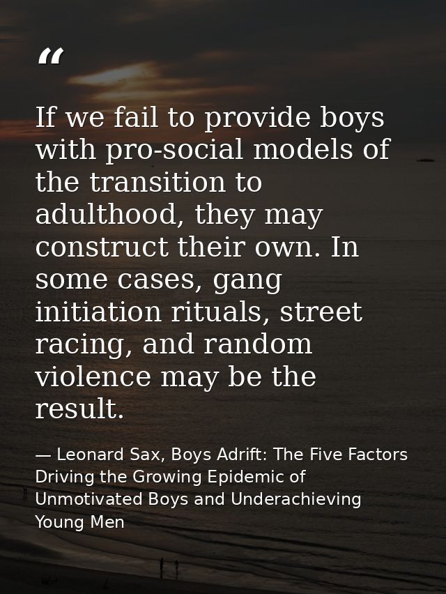 If we fail to provide boys with pro-social models of the transition to adulthood, they may construct their own. In some  — Leonard Sax, Boys Adrift: The Five Factors Driving the Growing Epidemic of Unmotivated Boys and Underachieving Young Men