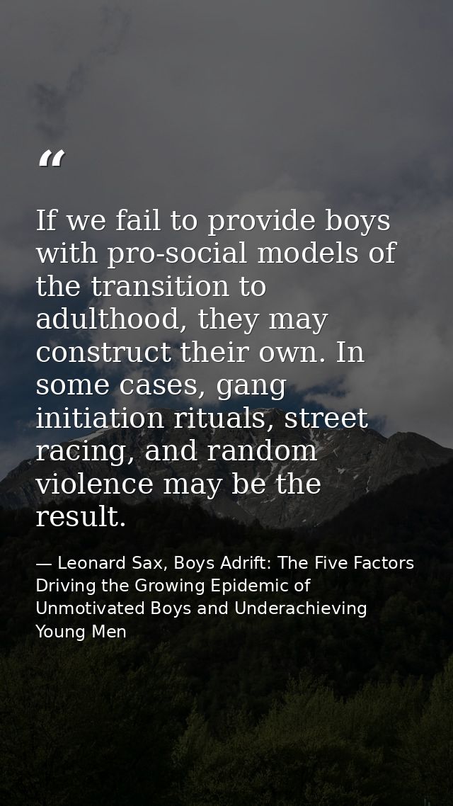 If we fail to provide boys with pro-social models of the transition to adulthood, they may construct their own. In some  — Leonard Sax, Boys Adrift: The Five Factors Driving the Growing Epidemic of Unmotivated Boys and Underachieving Young Men