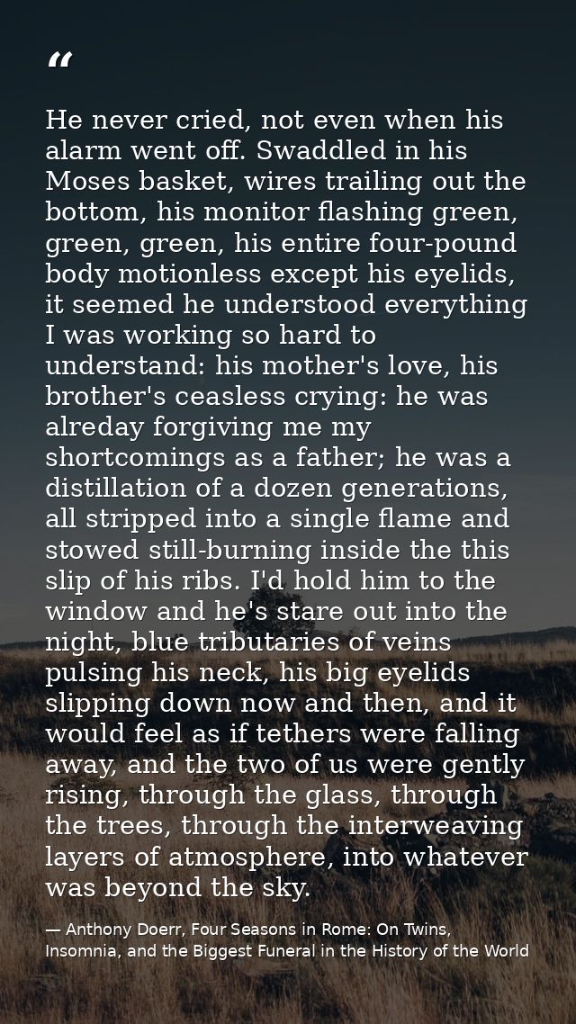He never cried, not even when his alarm went off. Swaddled in his Moses basket, wires trailing out the bottom, his monit — Anthony Doerr, Four Seasons in Rome: On Twins, Insomnia, and the Biggest Funeral in the History of the World