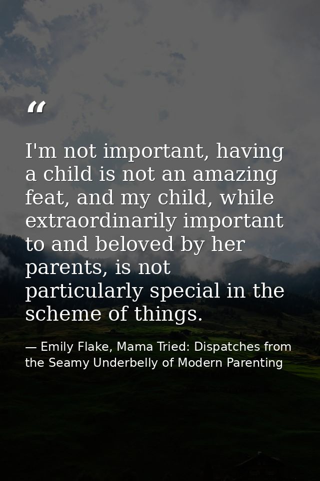 I'm not important, having a child is not an amazing feat, and my child, while extraordinarily important to and beloved b — Emily Flake, Mama Tried: Dispatches from the Seamy Underbelly of Modern Parenting
