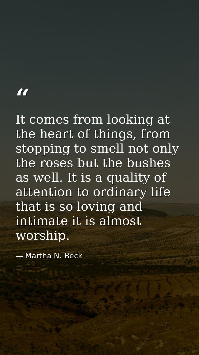 It comes from looking at the heart of things, from stopping to smell not only the roses but the bushes as well. It is a  — Martha N. Beck
