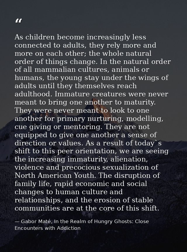 As children become increasingly less connected to adults, they rely more and more on each other; the whole natural order — Gabor Maté, In the Realm of Hungry Ghosts: Close Encounters with Addiction