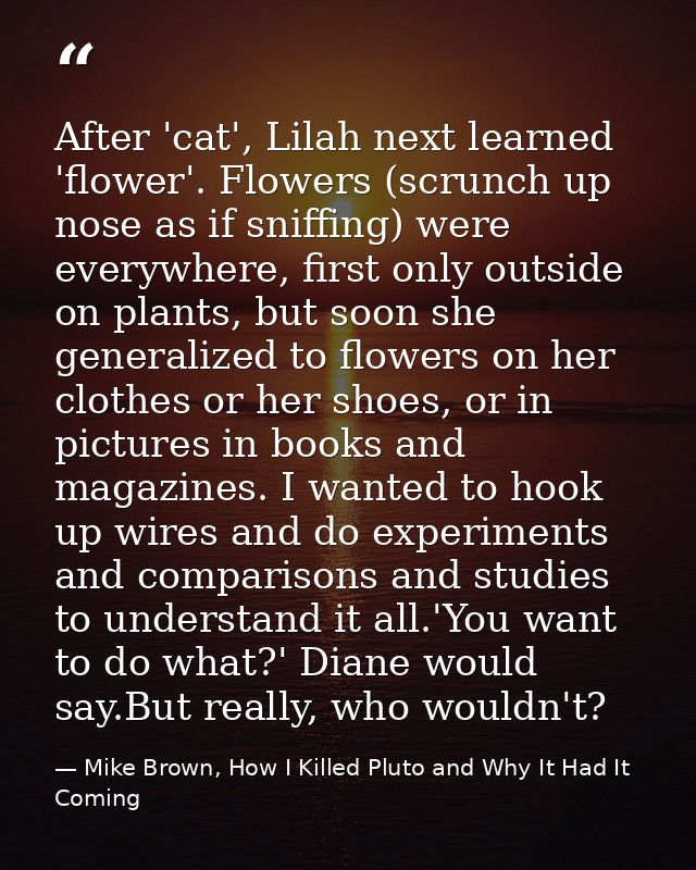 After 'cat', Lilah next learned 'flower'. Flowers (scrunch up nose as if sniffing) were everywhere, first only outside o — Mike Brown, How I Killed Pluto and Why It Had It Coming