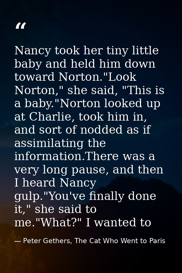 Nancy took her tiny little baby and held him down toward Norton."Look Norton," she said, "This is a baby."Norton looked  — Peter Gethers, The Cat Who Went to Paris