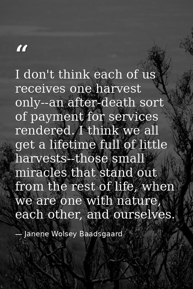 I don't think each of us receives one harvest only--an after-death sort of payment for services rendered. I think we all — Janene Wolsey Baadsgaard