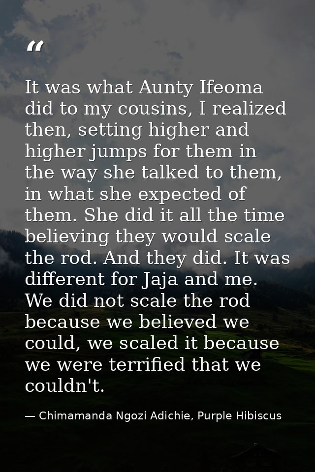 It was what Aunty Ifeoma did to my cousins, I realized then, setting higher and higher jumps for them in the way she tal — Chimamanda Ngozi Adichie, Purple Hibiscus
